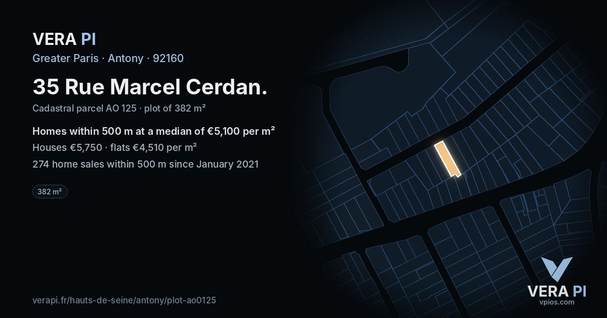 35 Rue Marcel Cerdan, Antony at night – the plot lit, the parcels around coloured by the prices near them