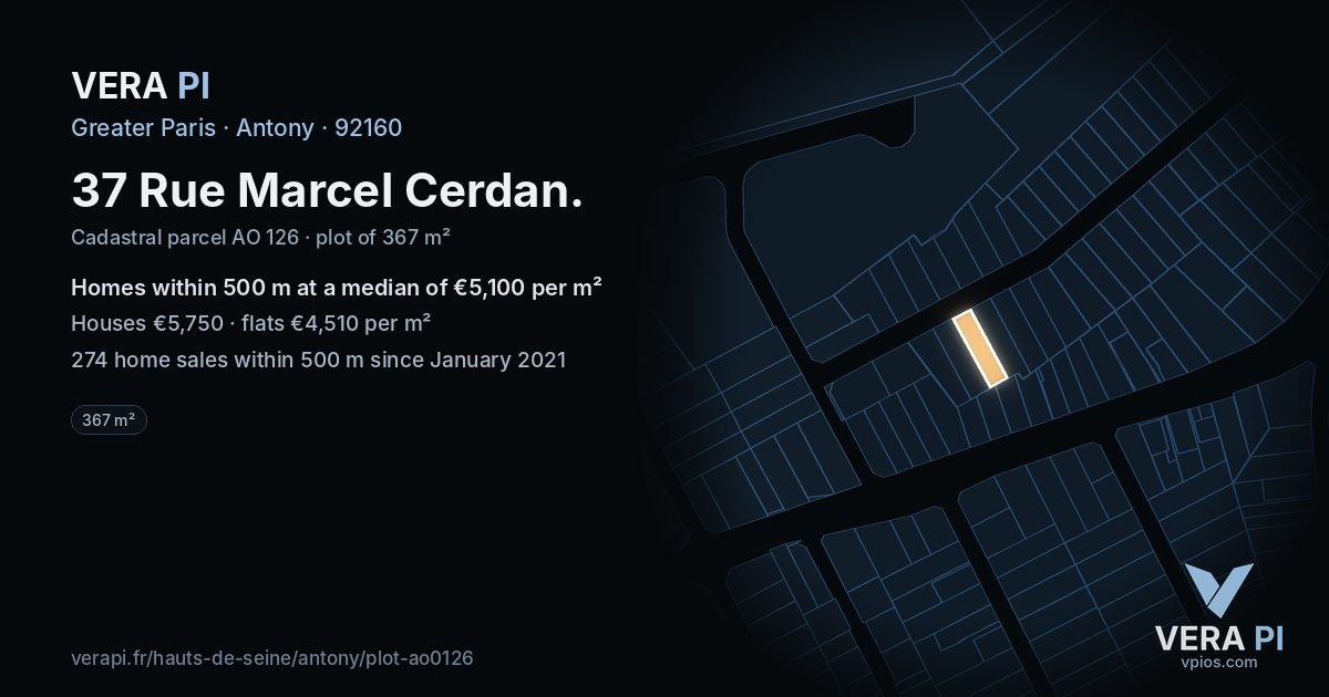 37 Rue Marcel Cerdan, Antony at night – the plot lit, the parcels around coloured by the prices near them