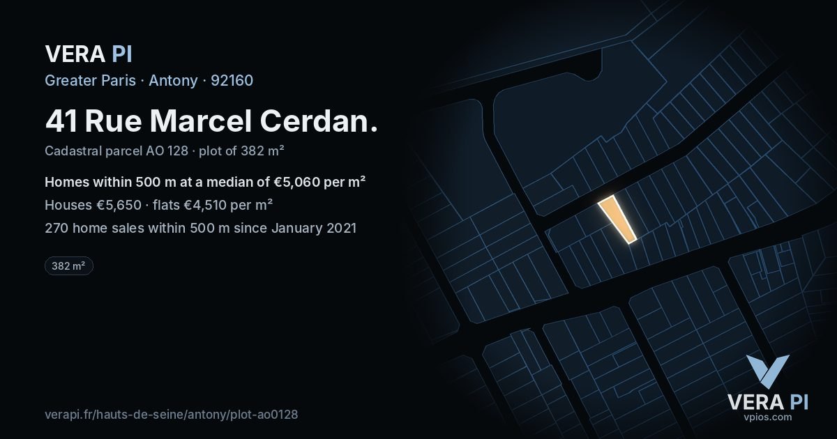 41 Rue Marcel Cerdan, Antony at night – the plot lit, the parcels around coloured by the prices near them