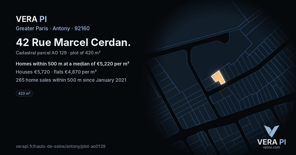 42 Rue Marcel Cerdan, Antony at night – the plot lit, the parcels around coloured by the prices near them