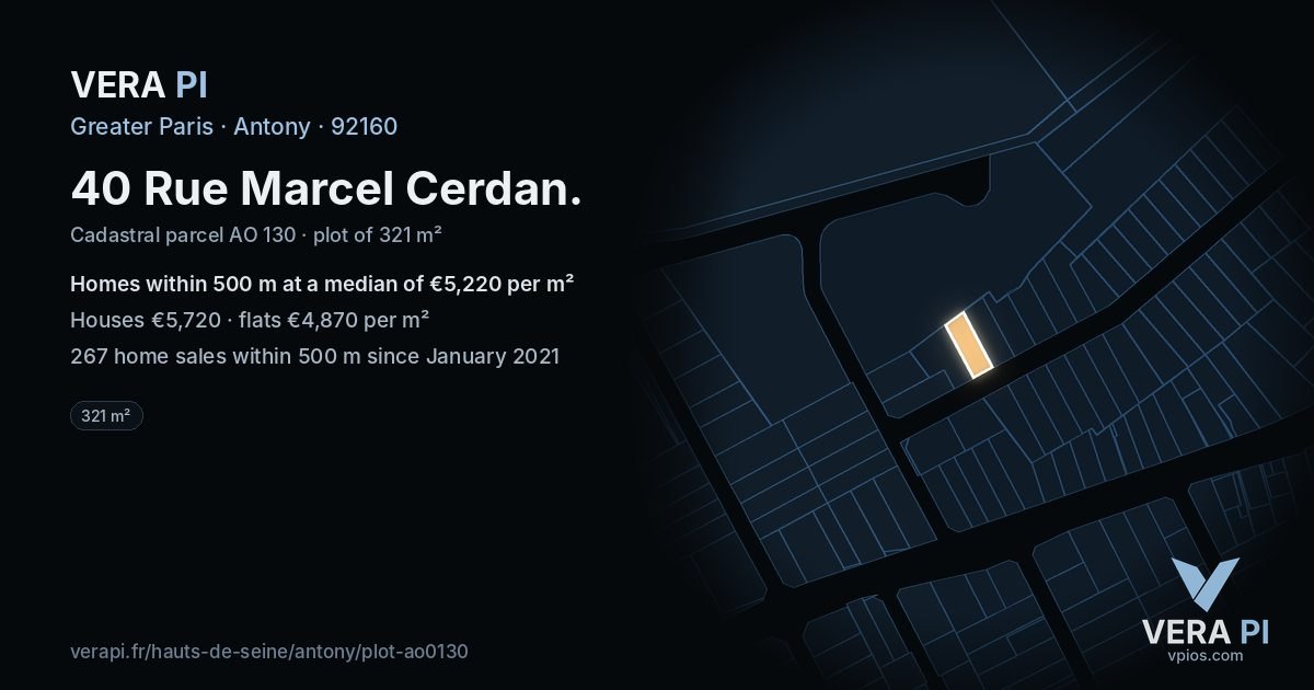 40 Rue Marcel Cerdan, Antony at night – the plot lit, the parcels around coloured by the prices near them