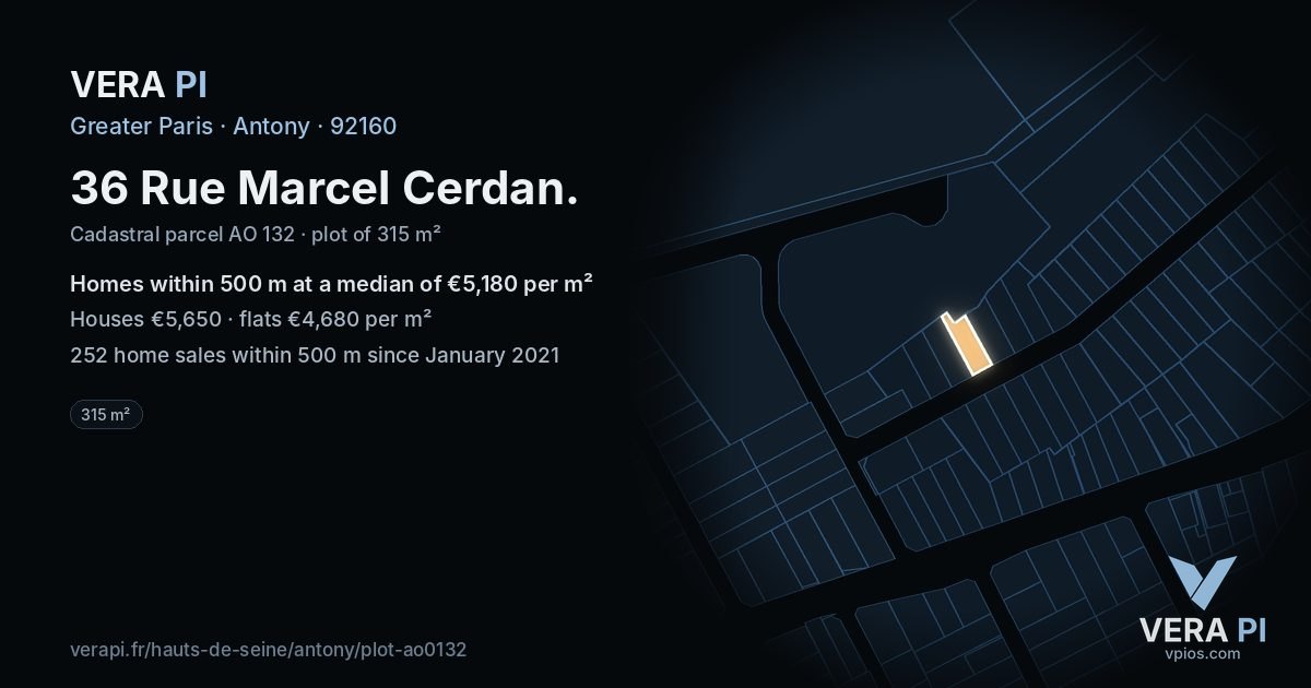 36 Rue Marcel Cerdan, Antony at night – the plot lit, the parcels around coloured by the prices near them