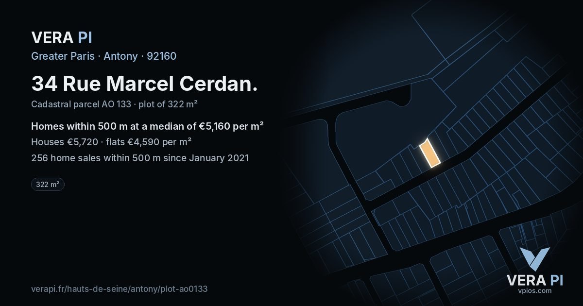 34 Rue Marcel Cerdan, Antony at night – the plot lit, the parcels around coloured by the prices near them