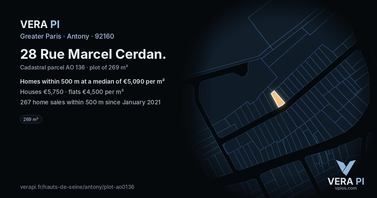 28 Rue Marcel Cerdan, Antony at night – the plot lit, the parcels around coloured by the prices near them