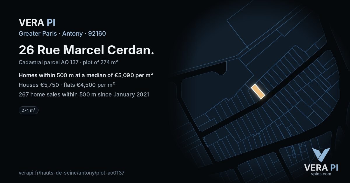 26 Rue Marcel Cerdan, Antony at night – the plot lit, the parcels around coloured by the prices near them