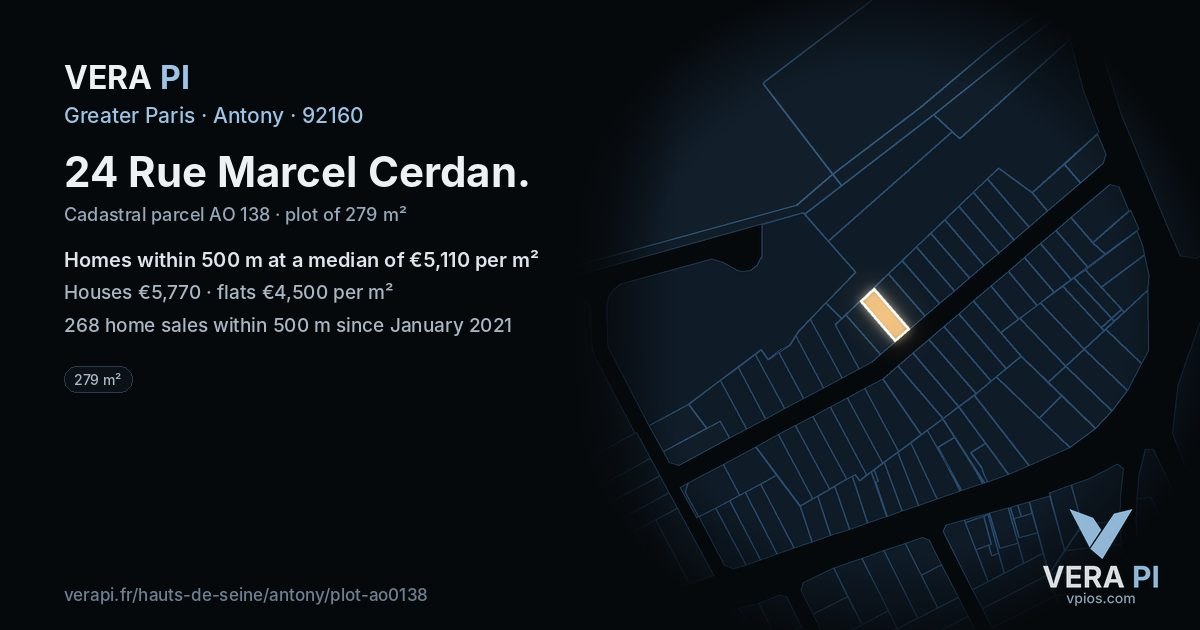 24 Rue Marcel Cerdan, Antony at night – the plot lit, the parcels around coloured by the prices near them