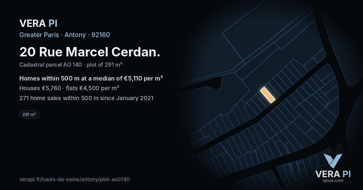 20 Rue Marcel Cerdan, Antony at night – the plot lit, the parcels around coloured by the prices near them