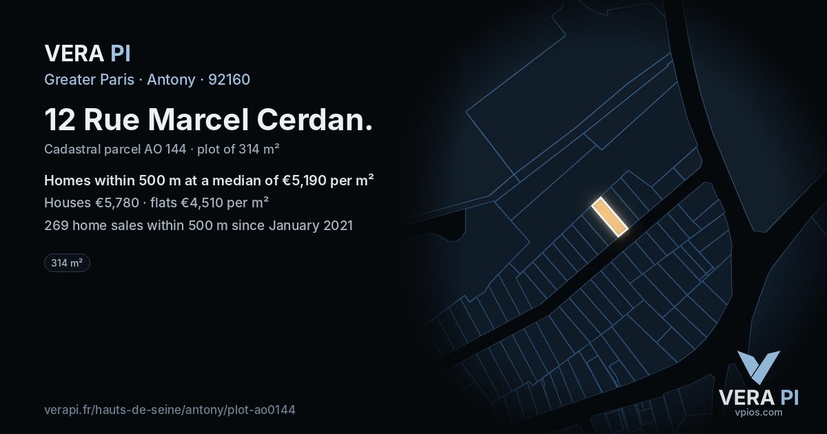 12 Rue Marcel Cerdan, Antony at night – the plot lit, the parcels around coloured by the prices near them