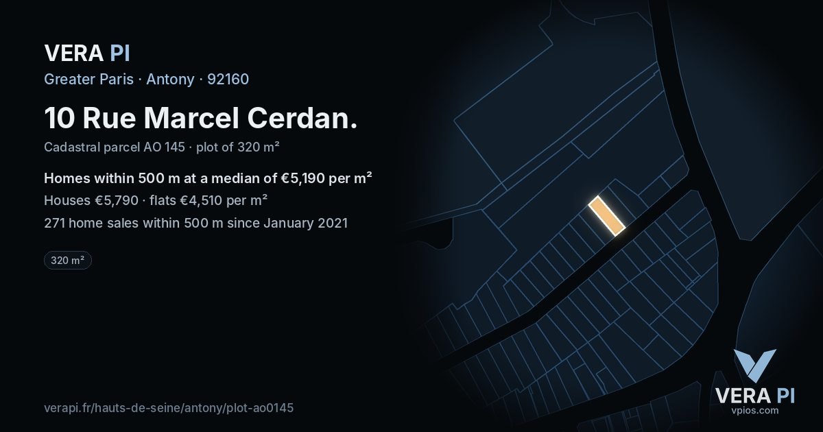 10 Rue Marcel Cerdan, Antony at night – the plot lit, the parcels around coloured by the prices near them