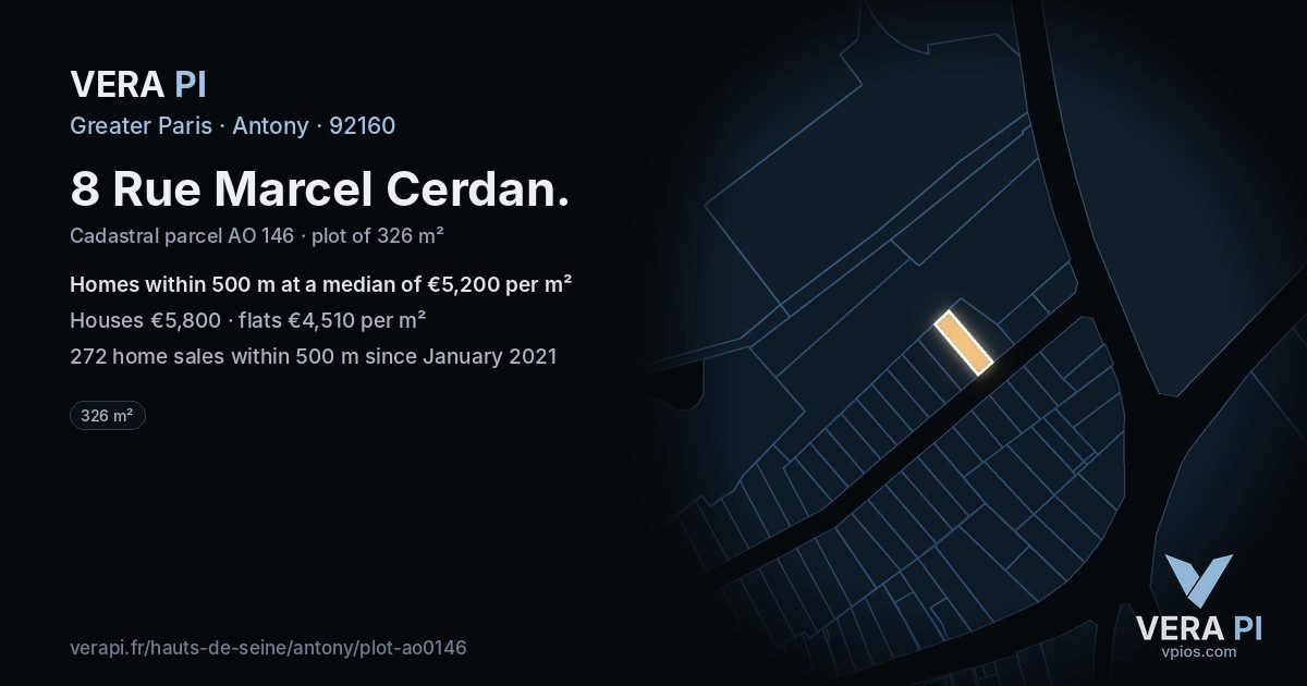 8 Rue Marcel Cerdan, Antony at night – the plot lit, the parcels around coloured by the prices near them