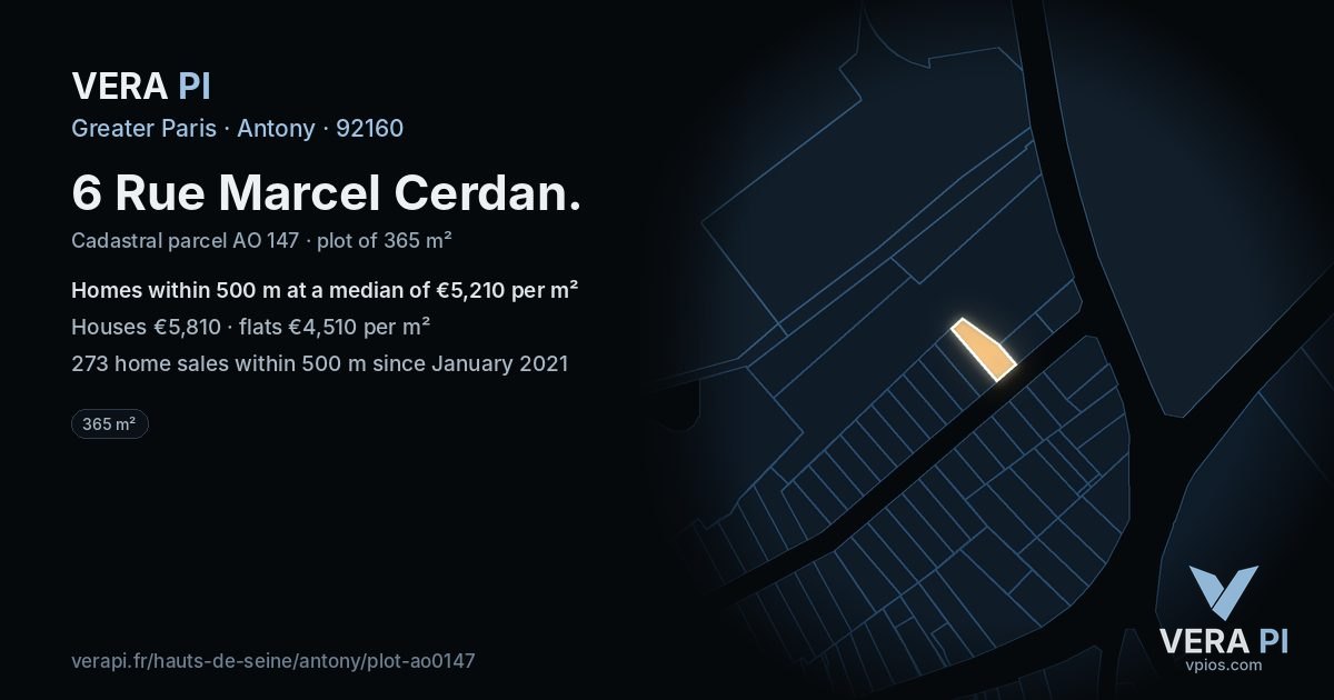 6 Rue Marcel Cerdan, Antony at night – the plot lit, the parcels around coloured by the prices near them