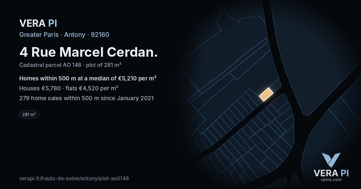 4 Rue Marcel Cerdan, Antony at night – the plot lit, the parcels around coloured by the prices near them