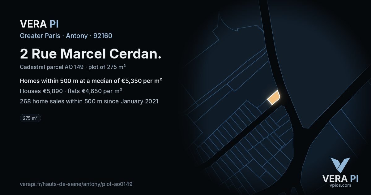 2 Rue Marcel Cerdan, Antony at night – the plot lit, the parcels around coloured by the prices near them