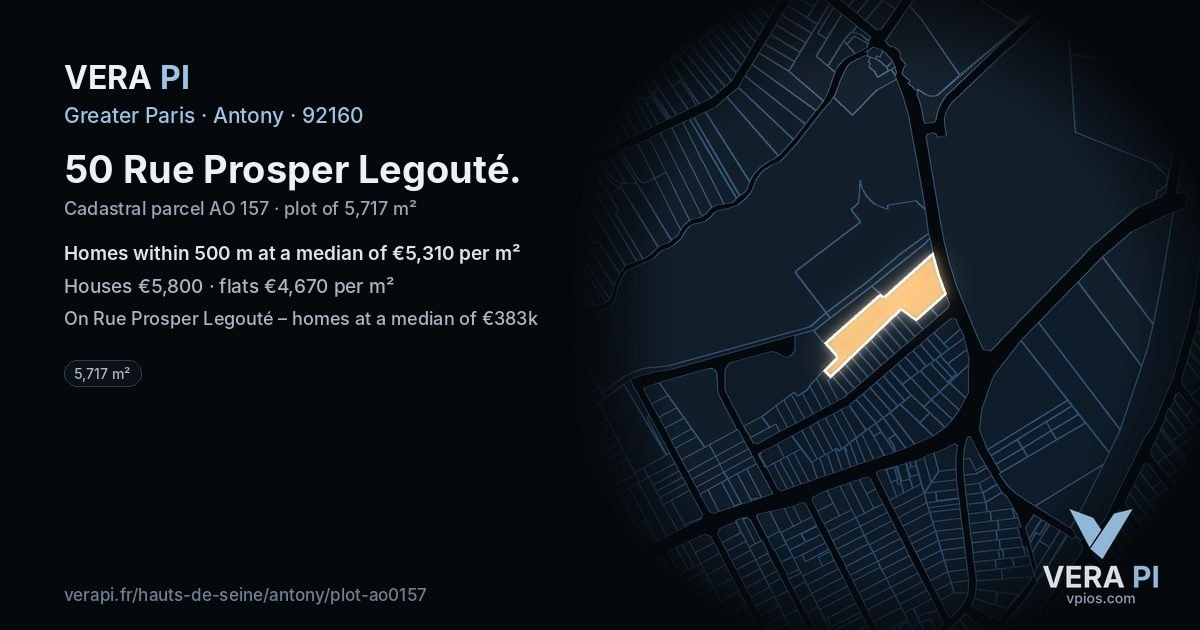 50 Rue Prosper Legouté, Antony at night – the plot lit, the parcels around coloured by the prices near them