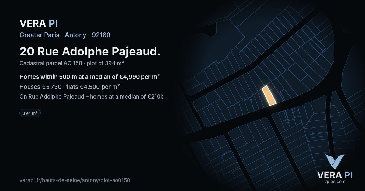20 Rue Adolphe Pajeaud, Antony at night – the plot lit, the parcels around coloured by the prices near them