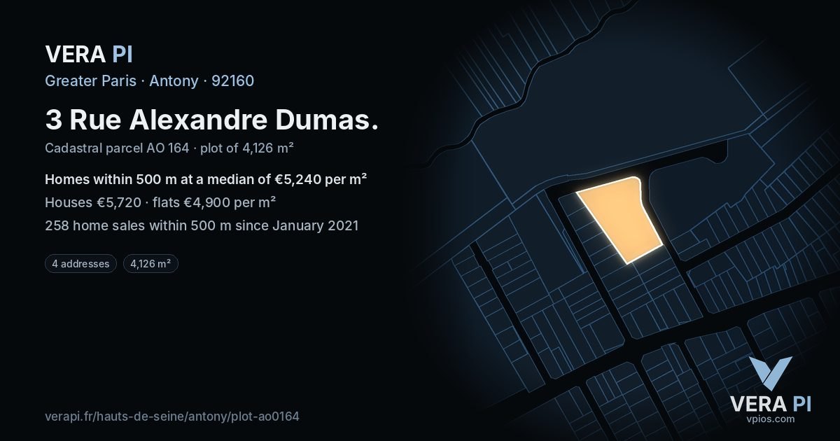 3 Rue Alexandre Dumas, Antony at night – the plot lit, the parcels around coloured by the prices near them