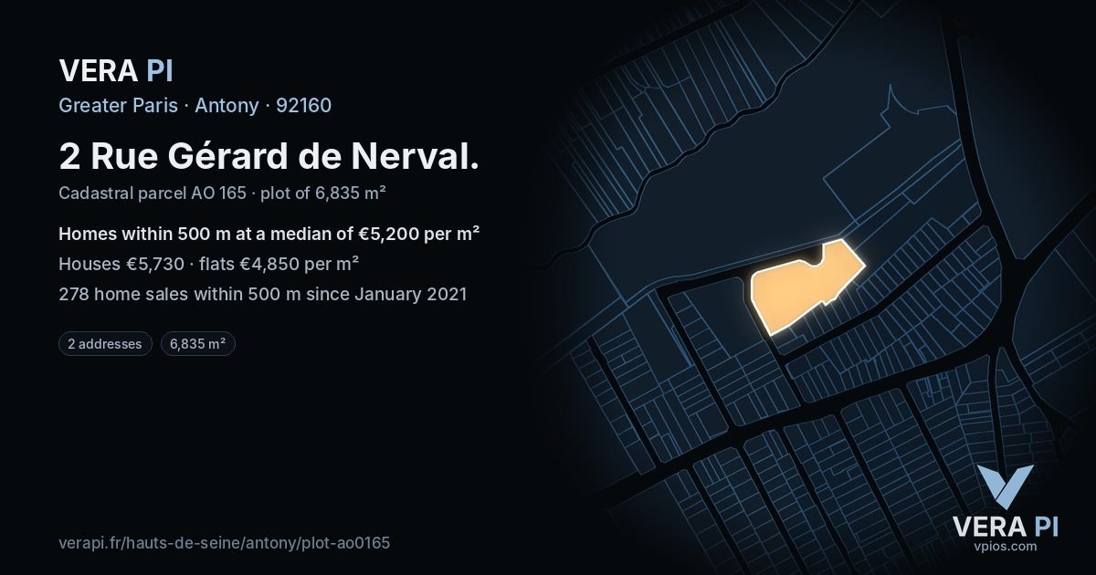 2 Rue Gérard de Nerval, Antony at night – the plot lit, the parcels around coloured by the prices near them