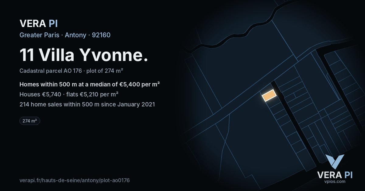 11 Villa Yvonne, Antony at night – the plot lit, the parcels around coloured by the prices near them
