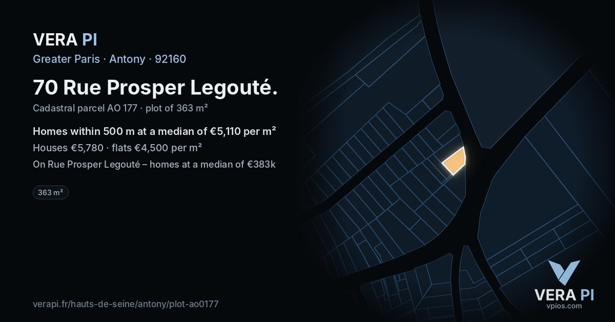 70 Rue Prosper Legouté, Antony at night – the plot lit, the parcels around coloured by the prices near them