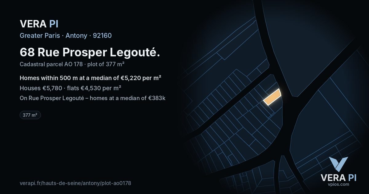 68 Rue Prosper Legouté, Antony at night – the plot lit, the parcels around coloured by the prices near them