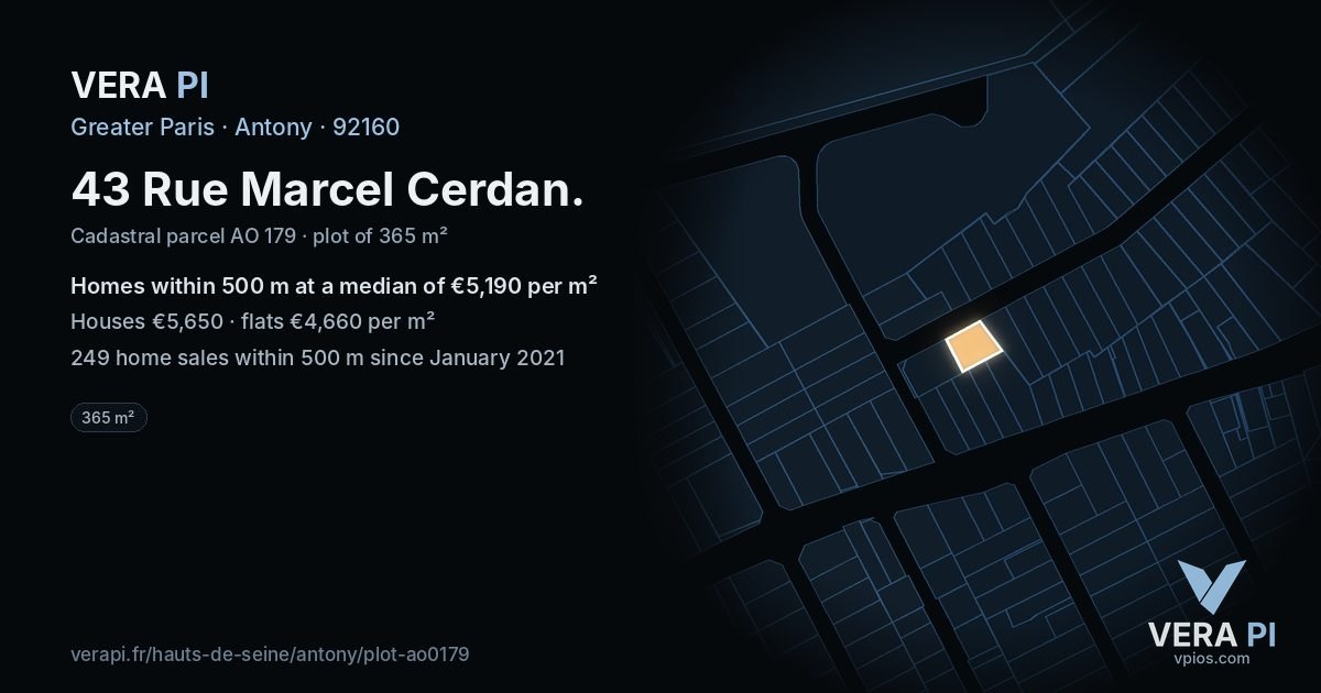 43 Rue Marcel Cerdan, Antony at night – the plot lit, the parcels around coloured by the prices near them