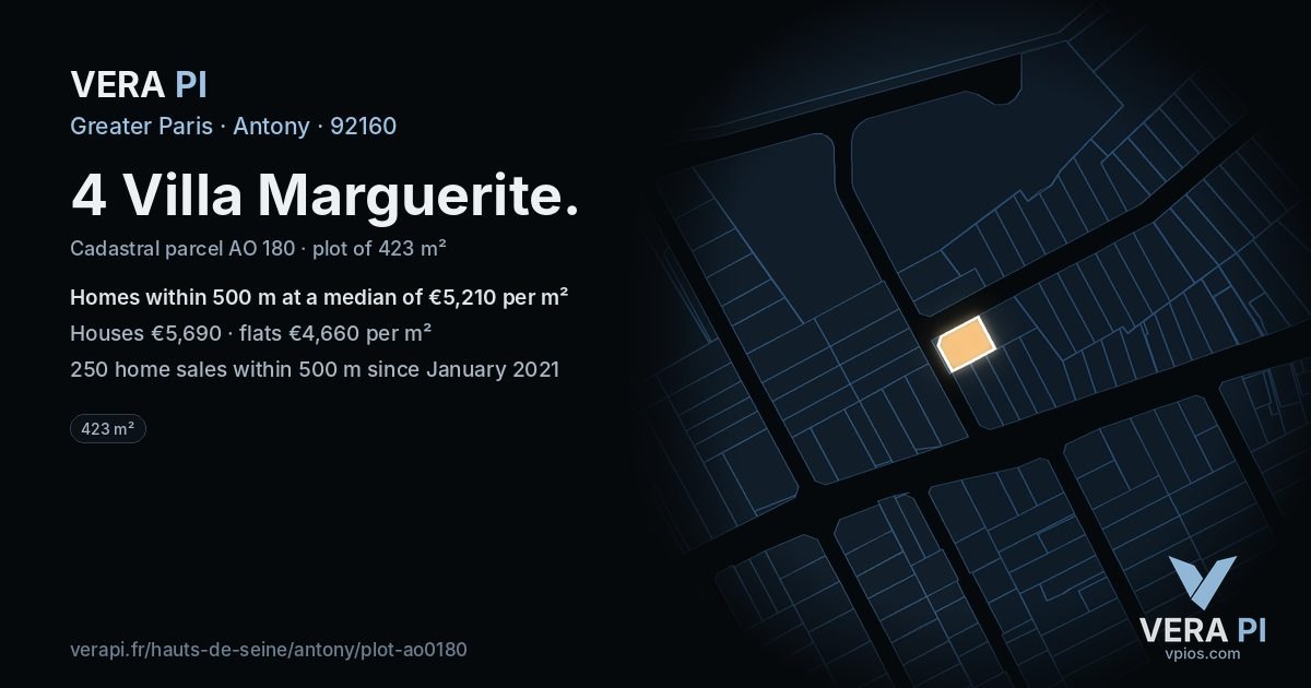 4 Villa Marguerite, Antony at night – the plot lit, the parcels around coloured by the prices near them