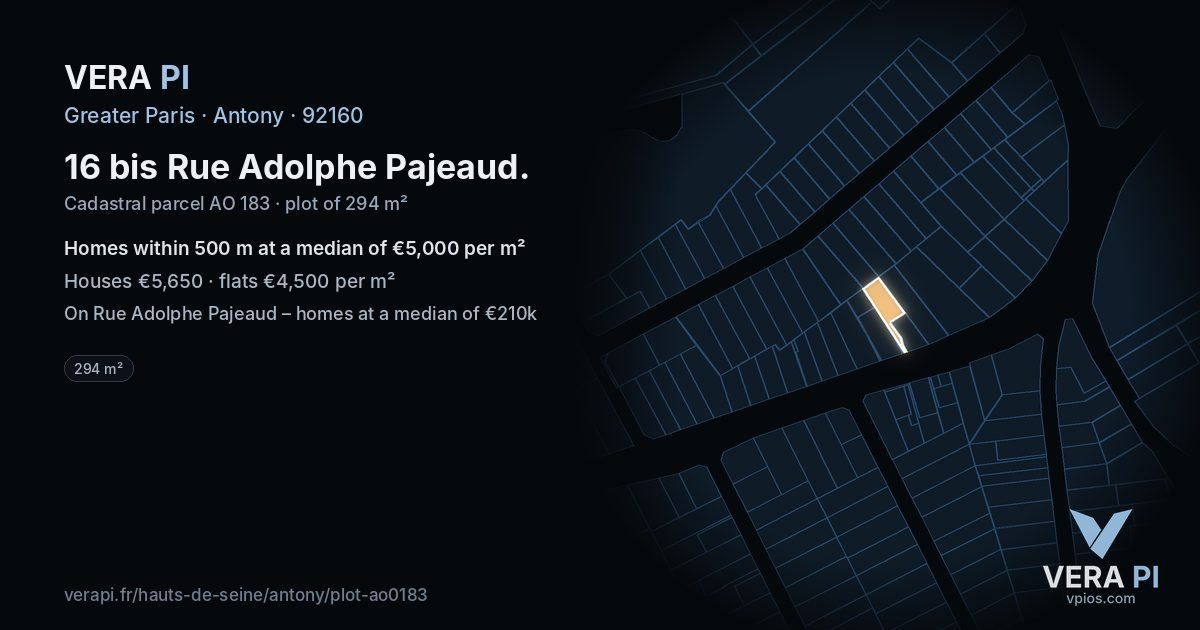 16 bis Rue Adolphe Pajeaud, Antony at night – the plot lit, the parcels around coloured by the prices near them
