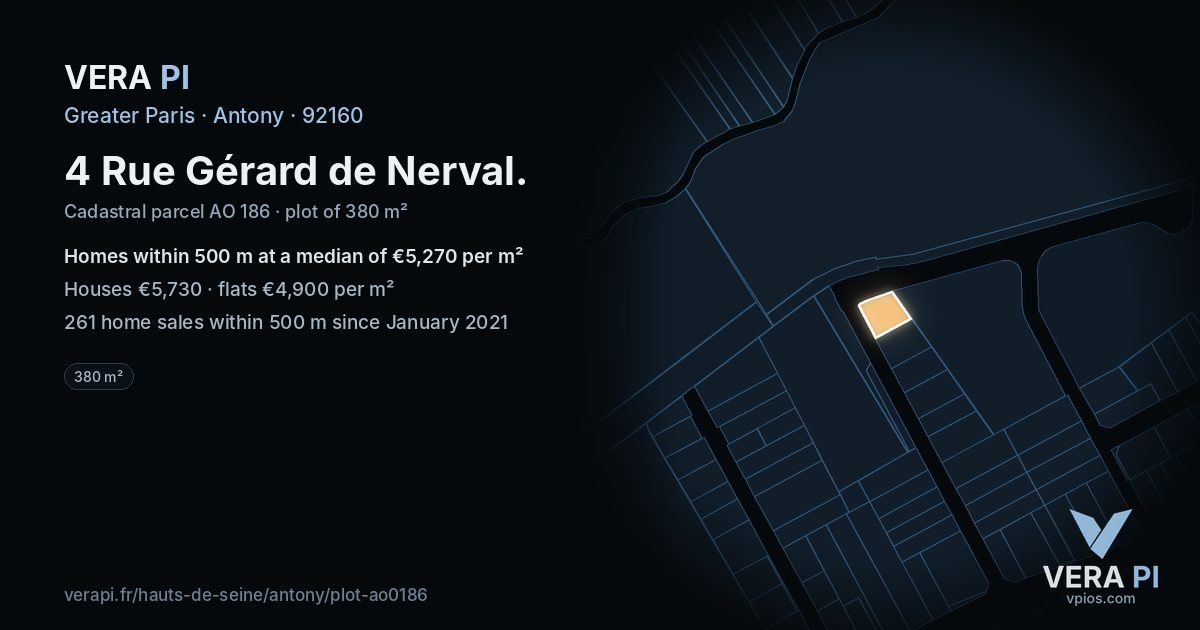 4 Rue Gérard de Nerval, Antony at night – the plot lit, the parcels around coloured by the prices near them