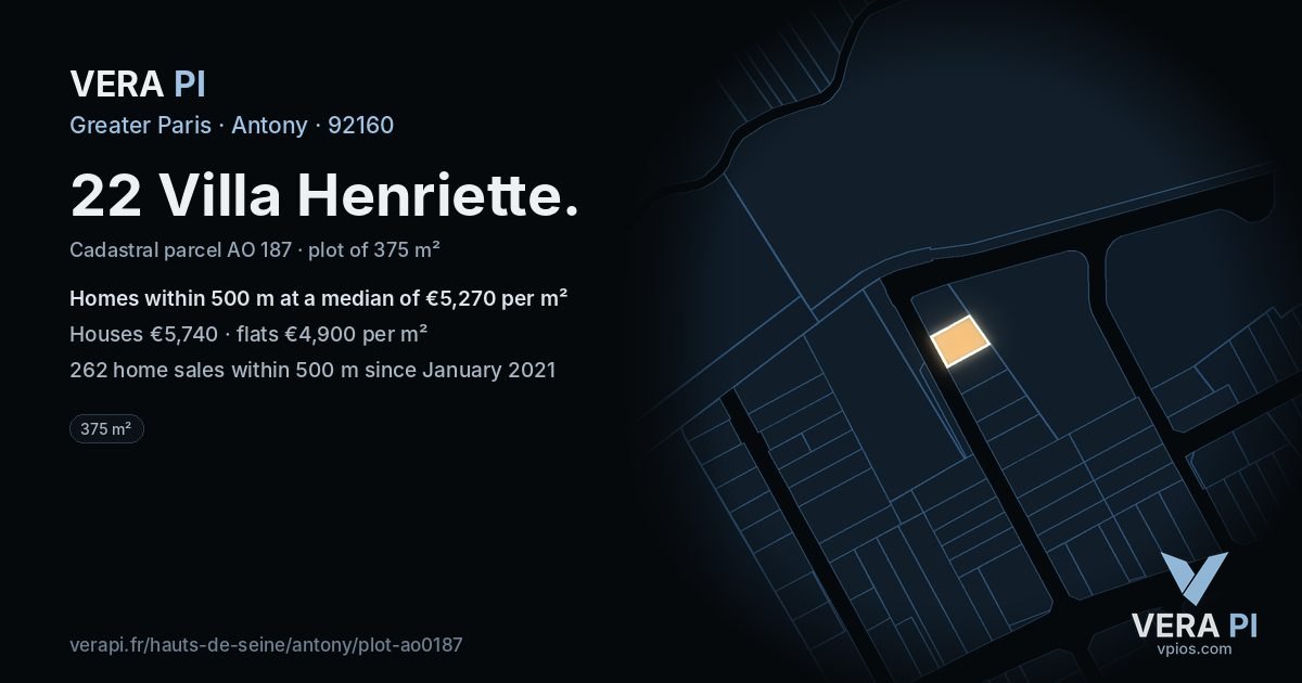 22 Villa Henriette, Antony at night – the plot lit, the parcels around coloured by the prices near them