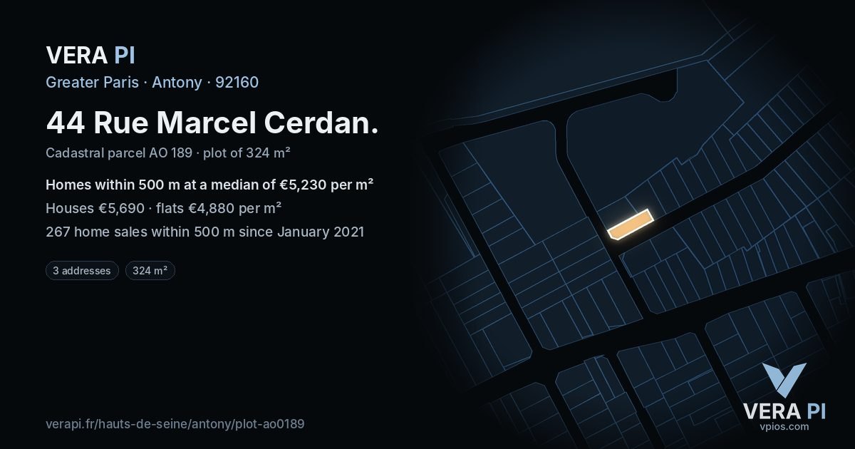 44 Rue Marcel Cerdan, Antony at night – the plot lit, the parcels around coloured by the prices near them