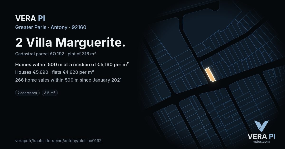 2 Villa Marguerite, Antony at night – the plot lit, the parcels around coloured by the prices near them