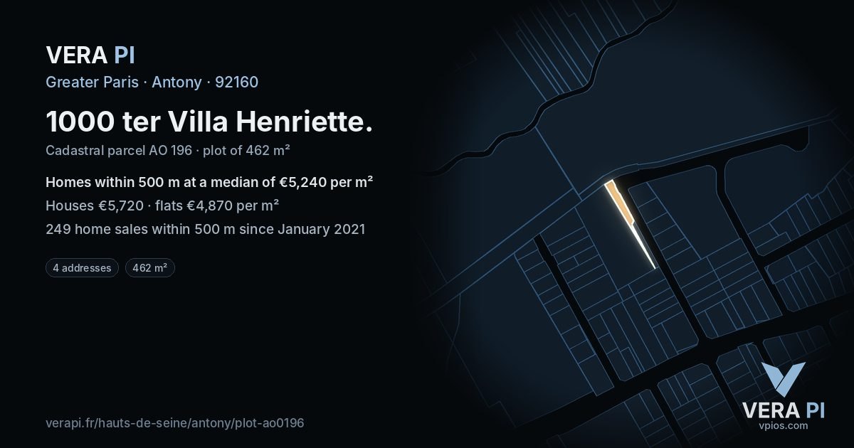 1000 ter Villa Henriette, Antony at night – the plot lit, the parcels around coloured by the prices near them