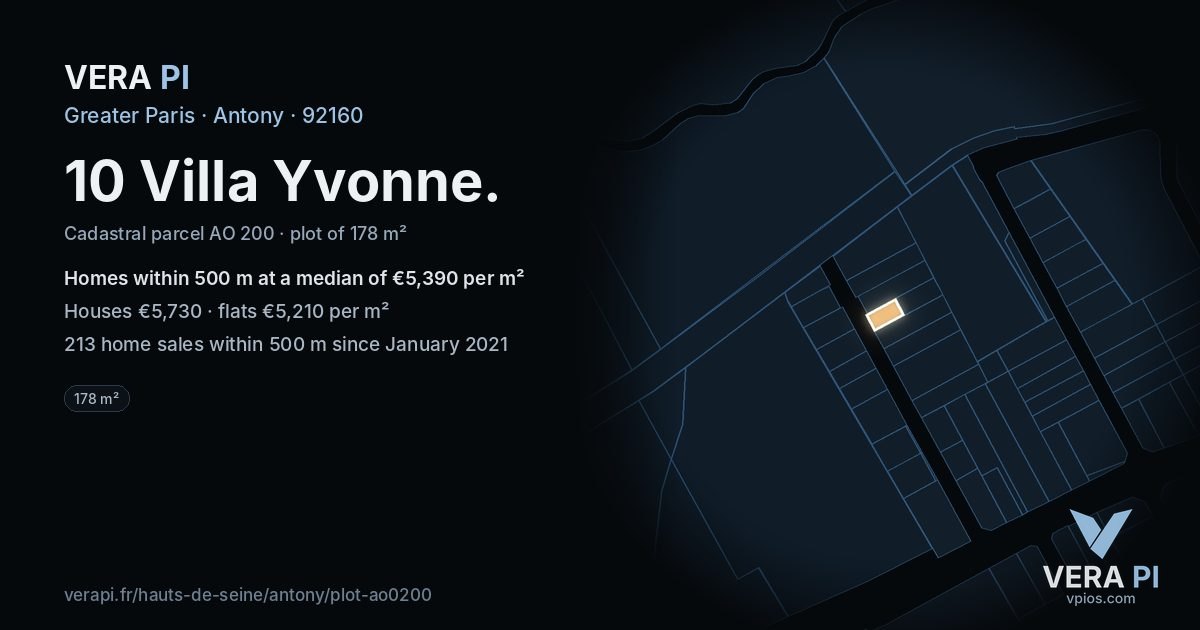 10 Villa Yvonne, Antony at night – the plot lit, the parcels around coloured by the prices near them