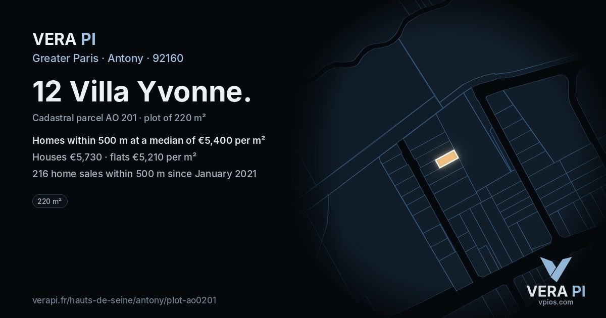 12 Villa Yvonne, Antony at night – the plot lit, the parcels around coloured by the prices near them