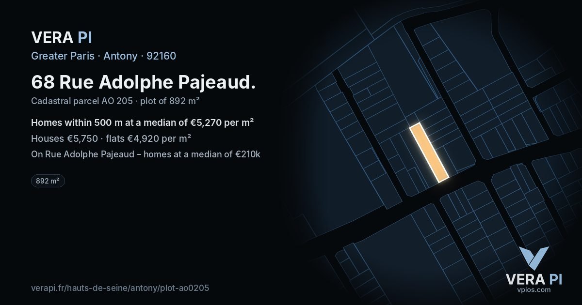 68 Rue Adolphe Pajeaud, Antony at night – the plot lit, the parcels around coloured by the prices near them