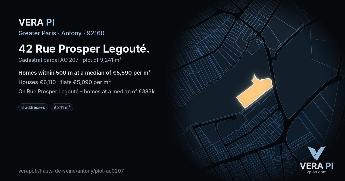 42 Rue Prosper Legouté, Antony at night – the plot lit, the parcels around coloured by the prices near them