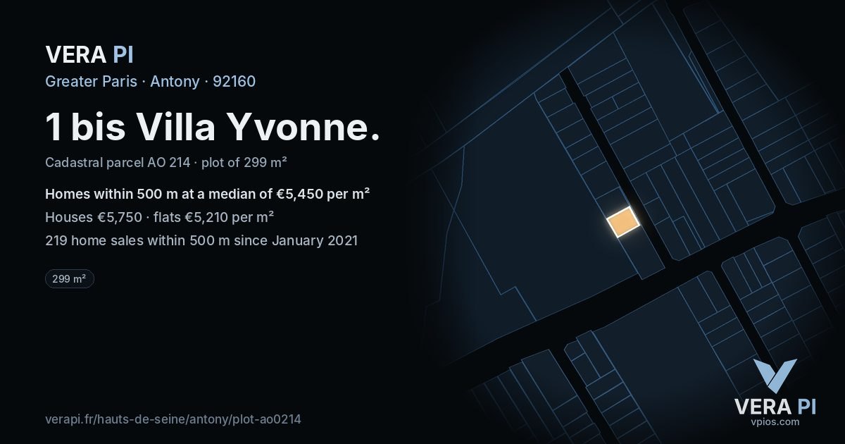 1 bis Villa Yvonne, Antony at night – the plot lit, the parcels around coloured by the prices near them