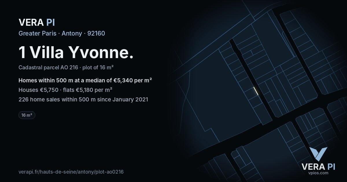1 Villa Yvonne, Antony at night – the plot lit, the parcels around coloured by the prices near them