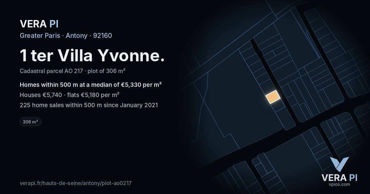 1 ter Villa Yvonne, Antony at night – the plot lit, the parcels around coloured by the prices near them