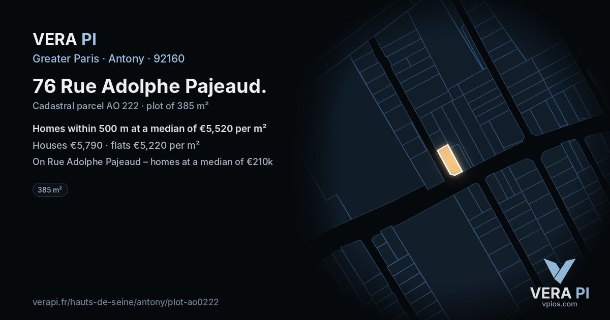 76 Rue Adolphe Pajeaud, Antony at night – the plot lit, the parcels around coloured by the prices near them