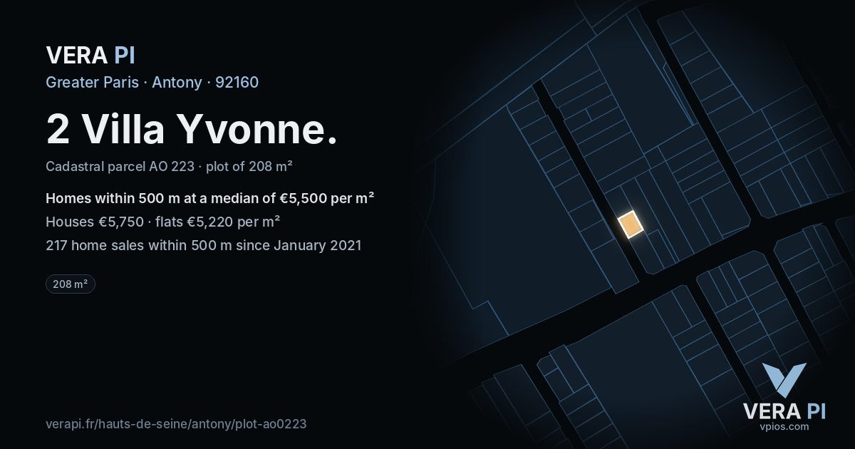 2 Villa Yvonne, Antony at night – the plot lit, the parcels around coloured by the prices near them