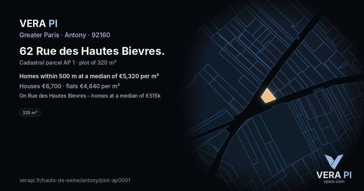 62 Rue des Hautes Bievres, Antony at night – the plot lit, the parcels around coloured by the prices near them