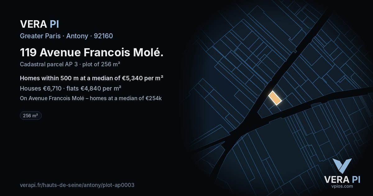 119 Avenue Francois Molé, Antony at night – the plot lit, the parcels around coloured by the prices near them