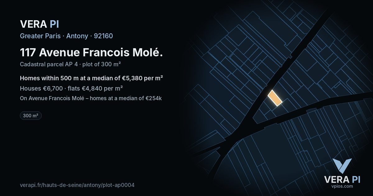 117 Avenue Francois Molé, Antony at night – the plot lit, the parcels around coloured by the prices near them