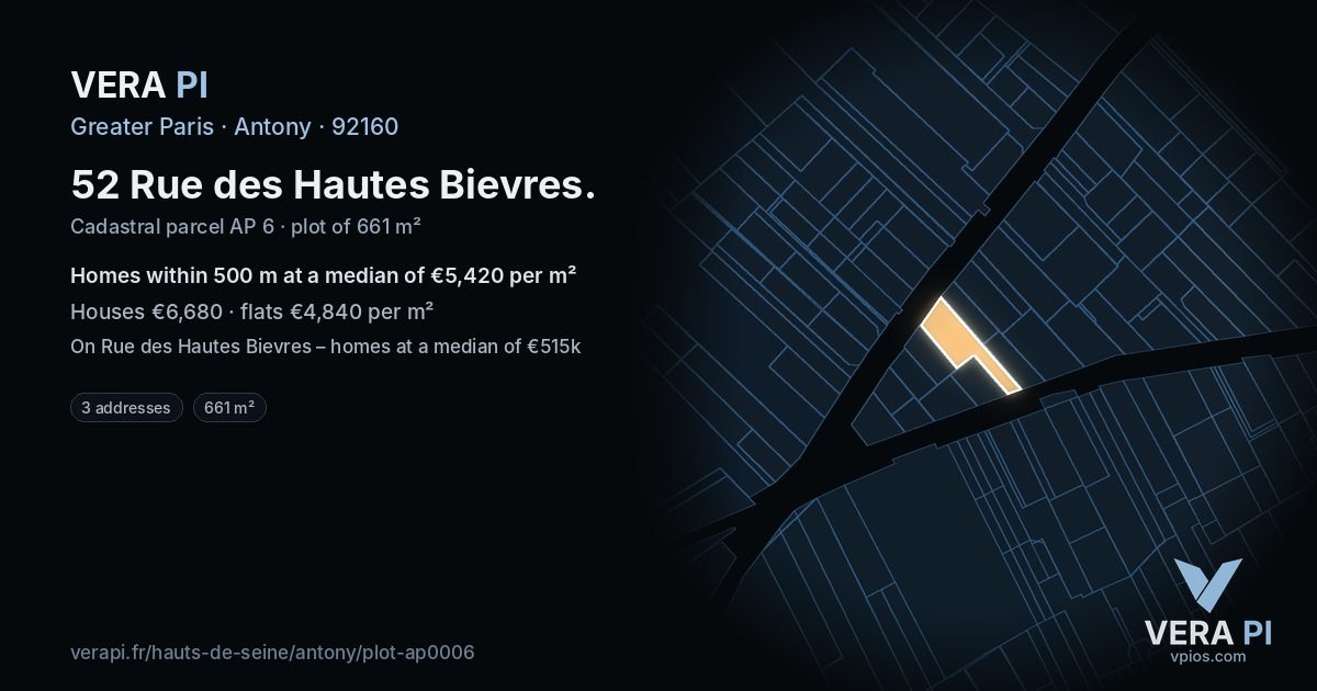 52 Rue des Hautes Bievres, Antony at night – the plot lit, the parcels around coloured by the prices near them
