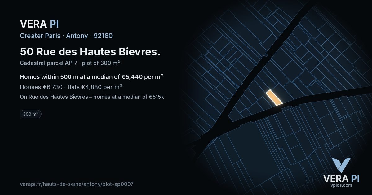 50 Rue des Hautes Bievres, Antony at night – the plot lit, the parcels around coloured by the prices near them