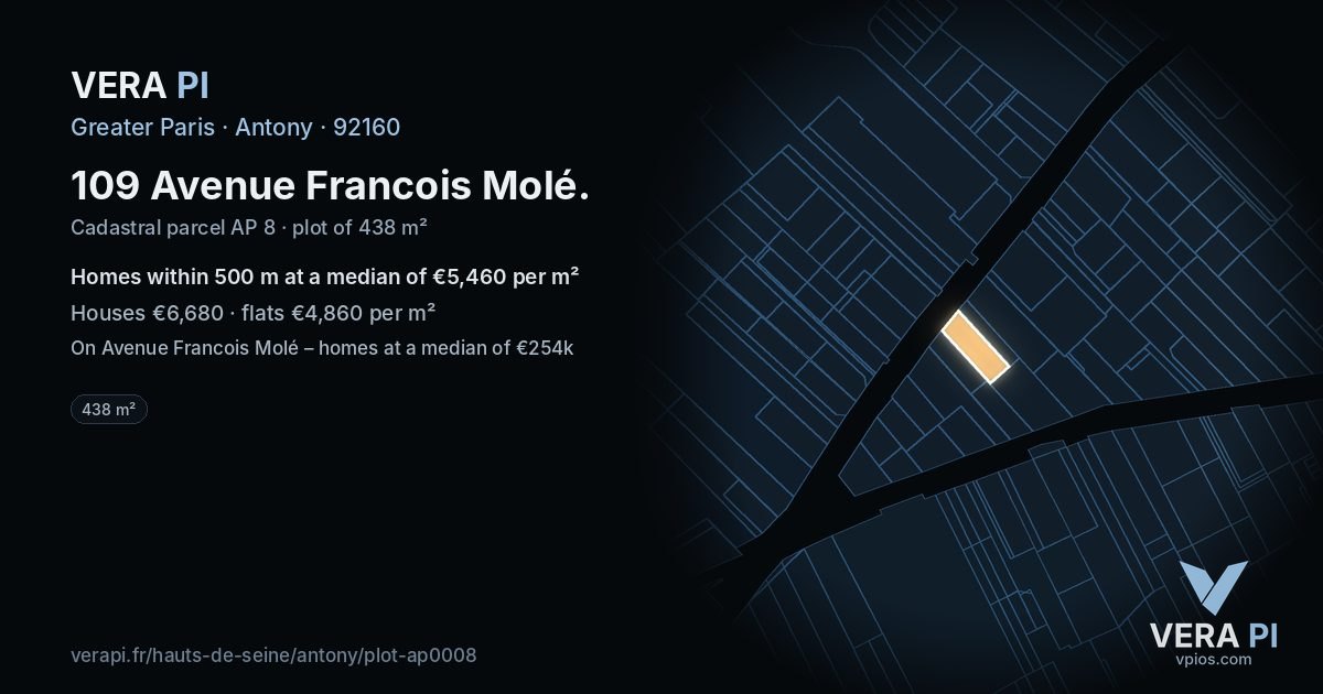 109 Avenue Francois Molé, Antony at night – the plot lit, the parcels around coloured by the prices near them