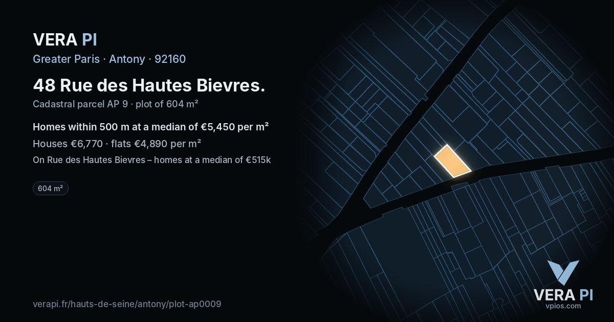 48 Rue des Hautes Bievres, Antony at night – the plot lit, the parcels around coloured by the prices near them