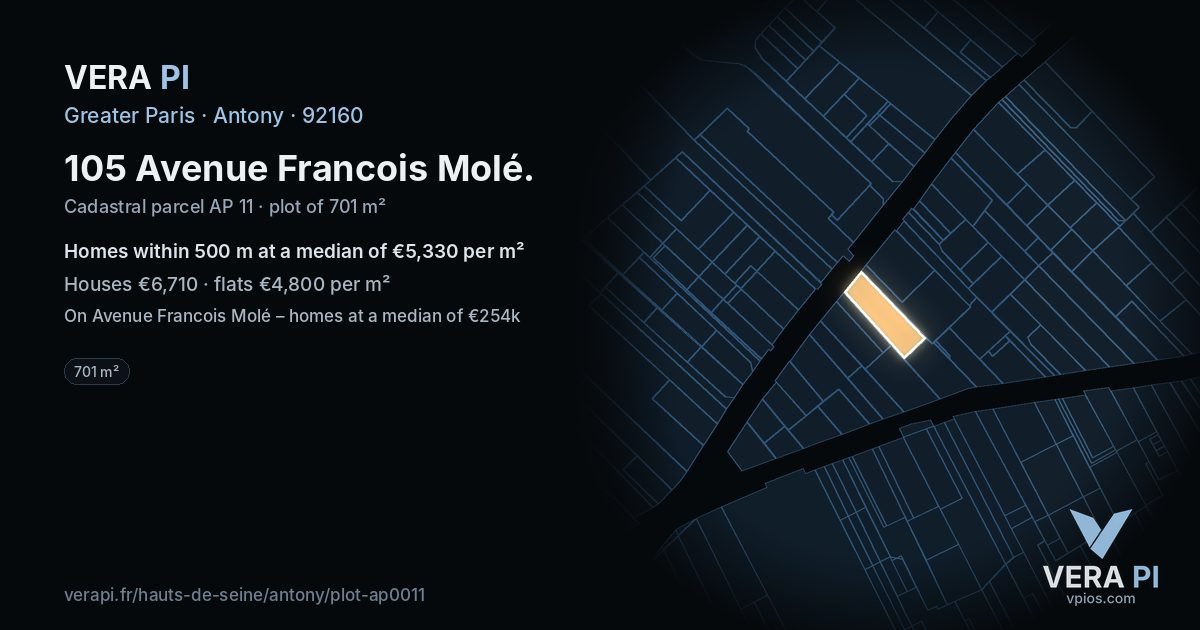 105 Avenue Francois Molé, Antony at night – the plot lit, the parcels around coloured by the prices near them