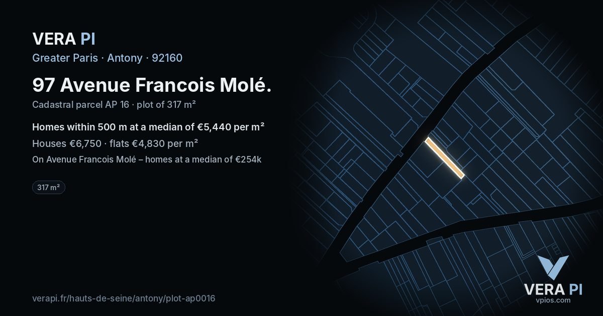 97 Avenue Francois Molé, Antony at night – the plot lit, the parcels around coloured by the prices near them